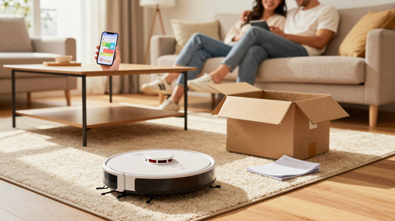 Roboterstaubsauger reinigt Teppich, Paar sitzt auf Sofa und hält Smartphone mit App zur Steuerung.