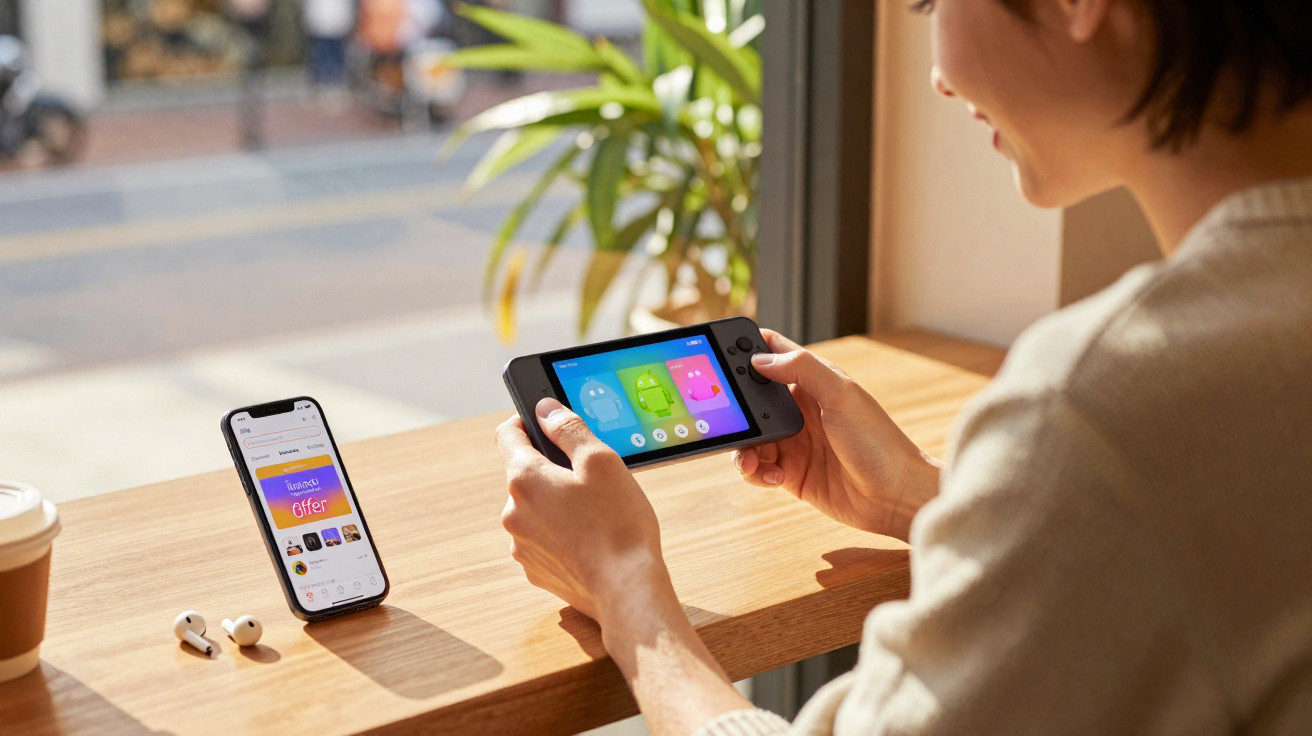 Frau spielt mit Handheld-Spielkonsole an einem hellen Holztisch neben Smartphone und Ohrstöpseln.