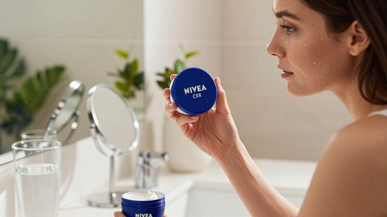 Frau hält blauen Nivea Gesichtscreme-Behälter vor Badezimmer-Spiegel, weiße Creme sichtbar.