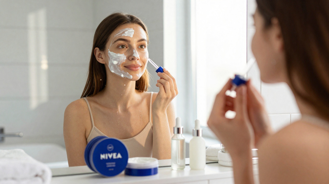 Frau trägt Gesichtscreme auf, sitzt vor Badezimmer-Spiegel mit Nivea-Creme und Hautpflegeflaschen.