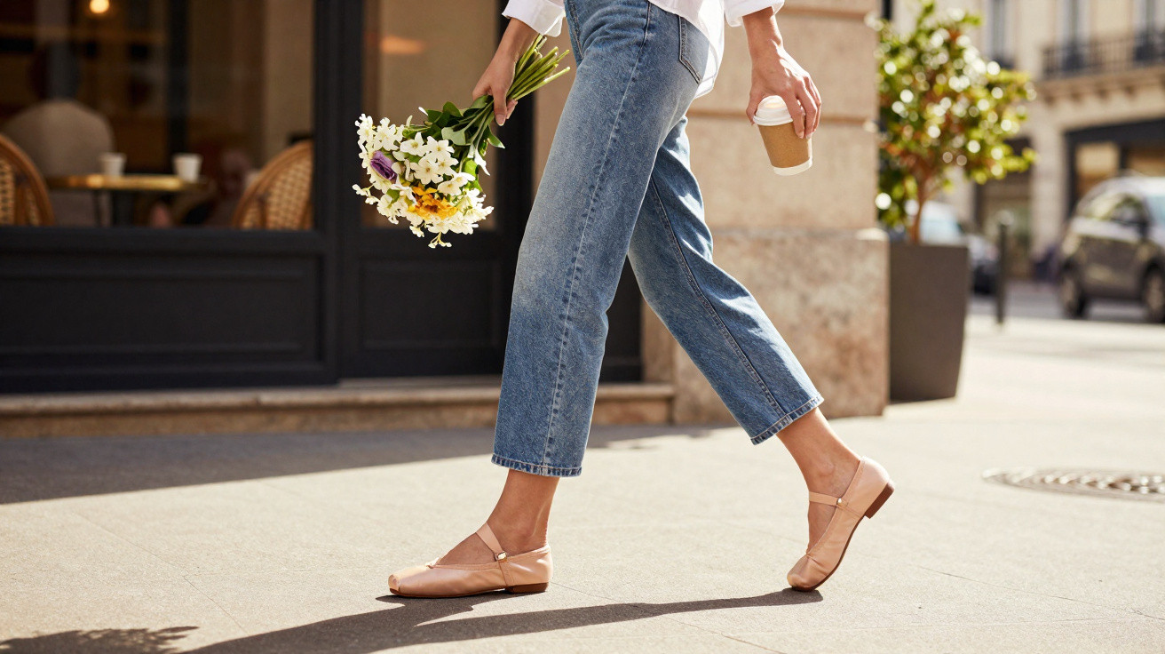 Frau in Jeans und Ballerinas läuft mit Blumenstrauß und Kaffeebecher auf sonnigem Bürgersteig.