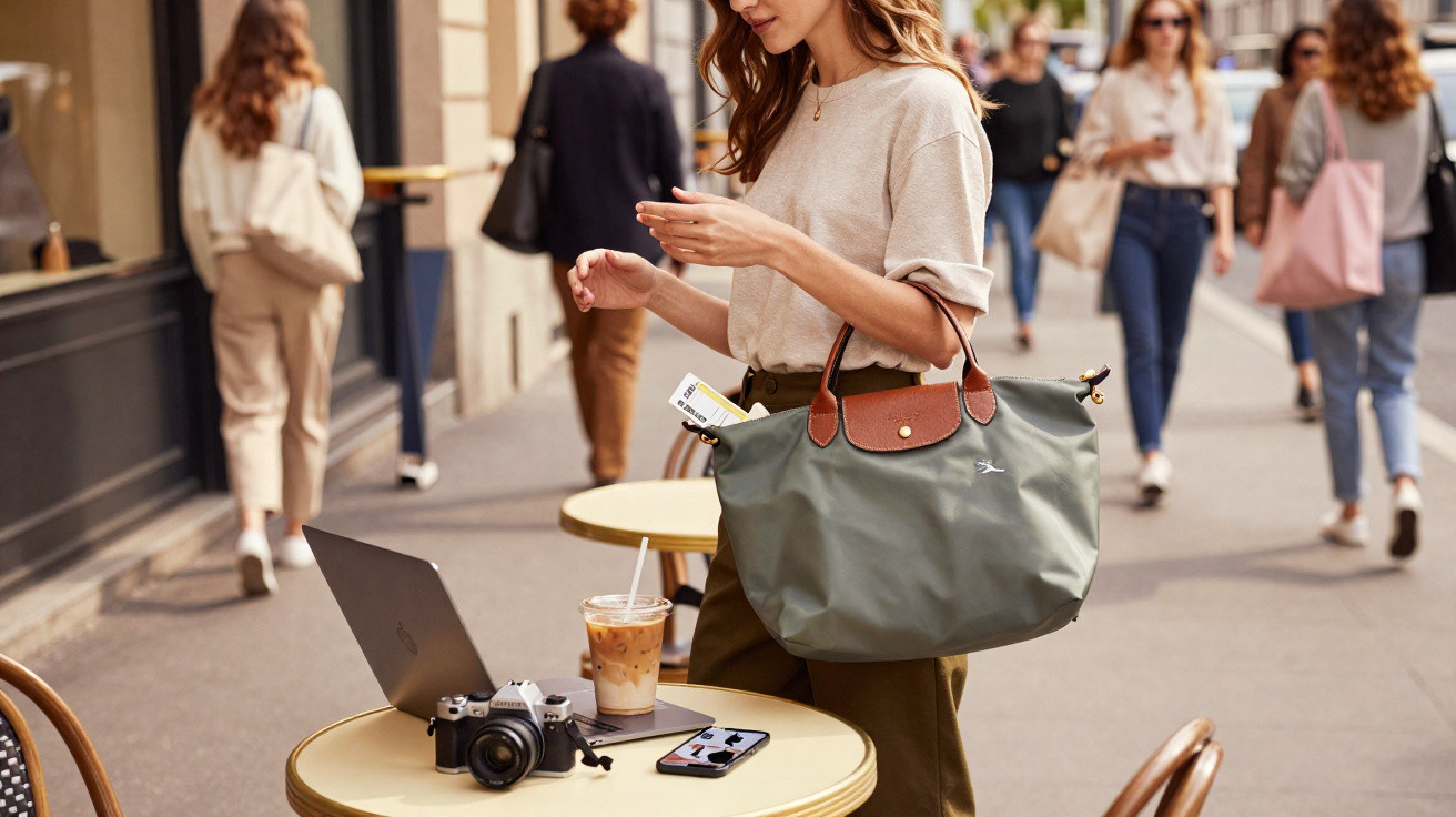 Frau steht mit großer Handtasche an einem Straßencafé-Tisch mit Laptop, Kamera und Eiskaffee.