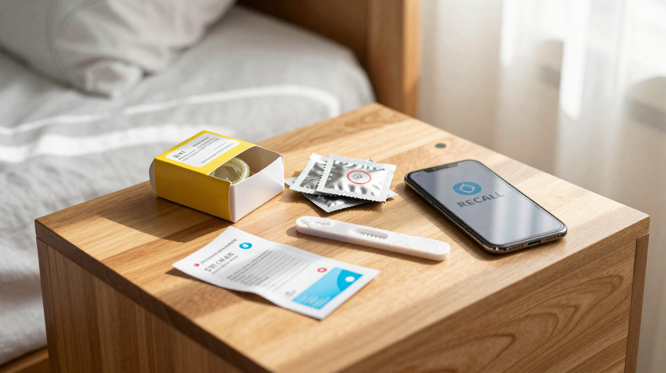 Verhütungspackung, Kondome, Schwangerschaftstest und Smartphone mit Recall-App auf Holznachttisch in Schlafzimmer.