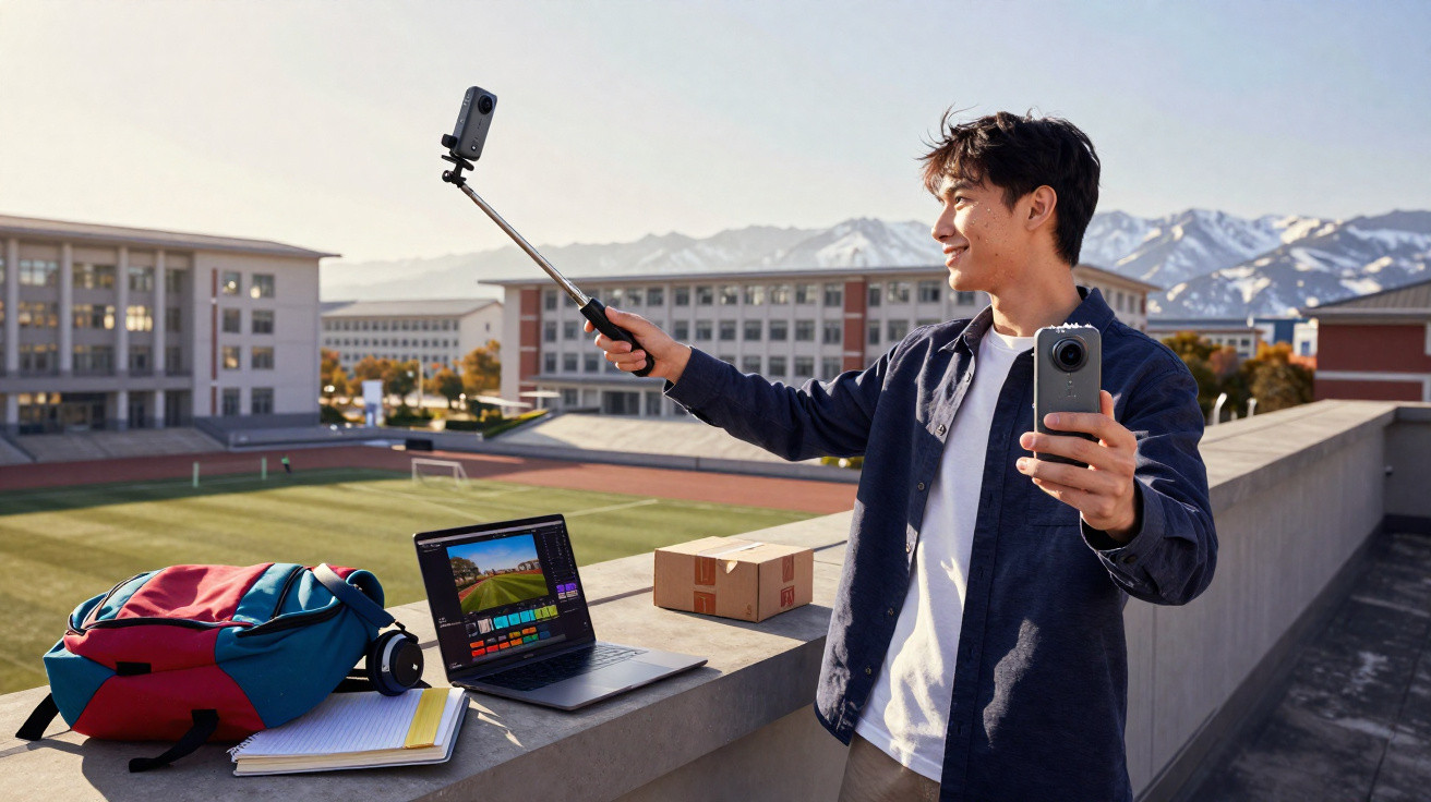 Junger Mann macht Selfie mit 360-Grad-Kamera auf Dach, Laptop, Rucksack und Sportplatz im Hintergrund.