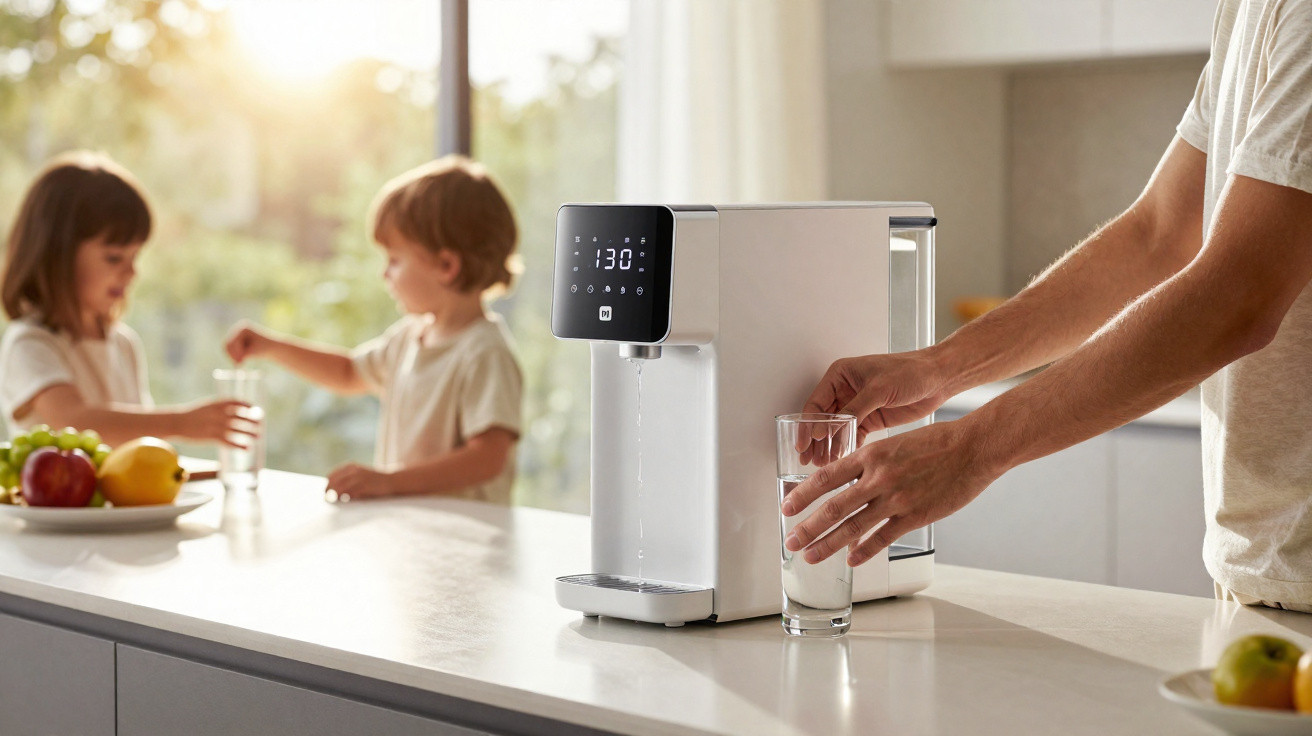 Person füllt Glas mit Wasser an modernem Wasserspender, zwei Kinder im Hintergrund in heller Küche