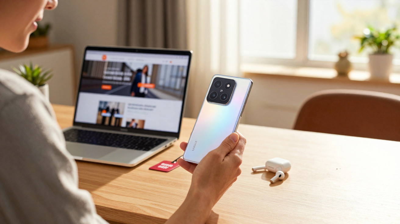 Person hält ein modernes Smartphone vor einem Laptop auf einem Schreibtisch mit kabellosen Ohrhörern.