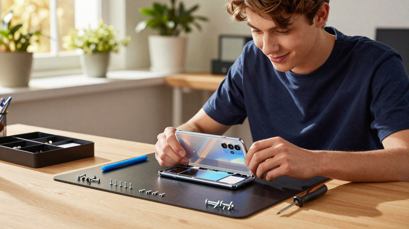 Junger Mann öffnet Rückseite eines Smartphones zur Reparatur an einem gut beleuchteten Holztisch.