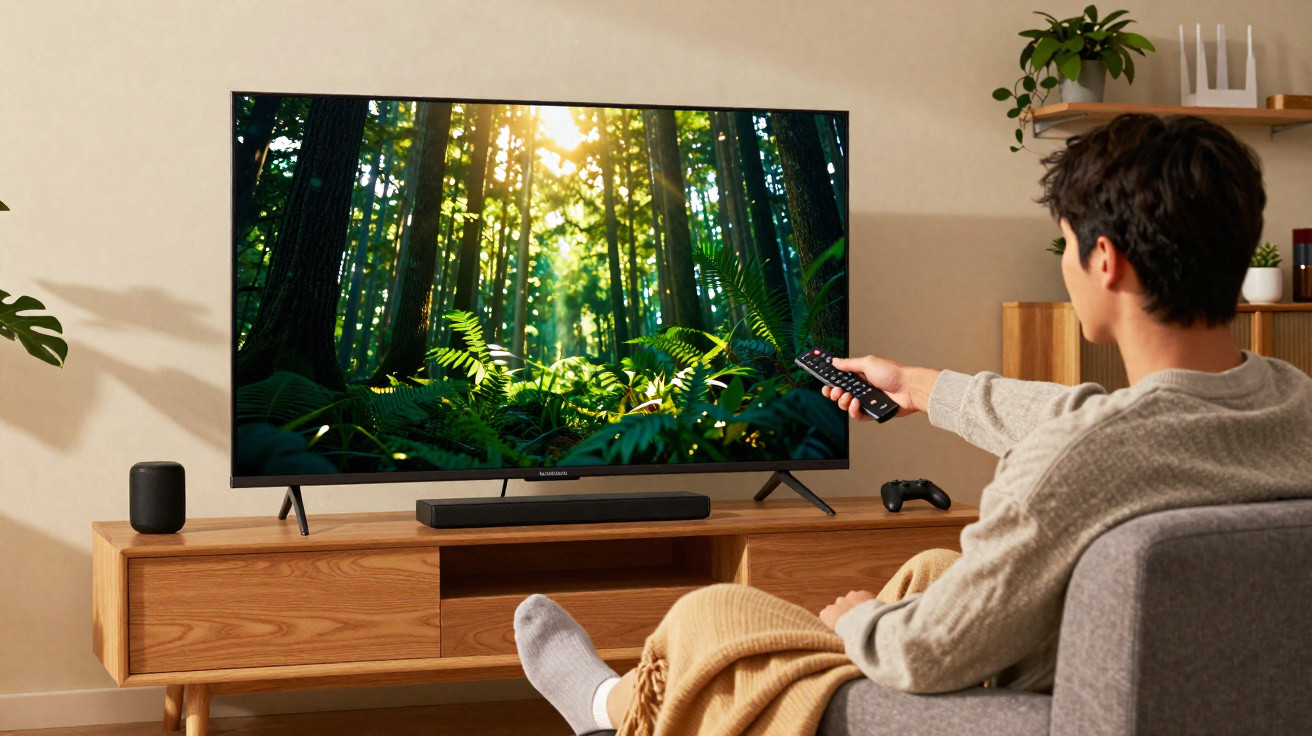 Person entspannt vor Fernseher mit Waldlandschaft, das Wohnzimmer ist modern eingerichtet.