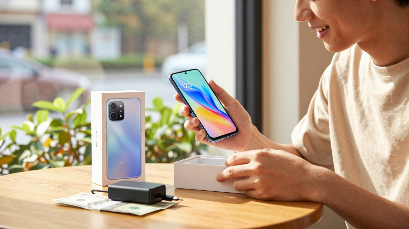 Person hält neues Smartphone neben geöffneter Verpackung, Ladegerät und Geld auf Holztisch am Fenster.