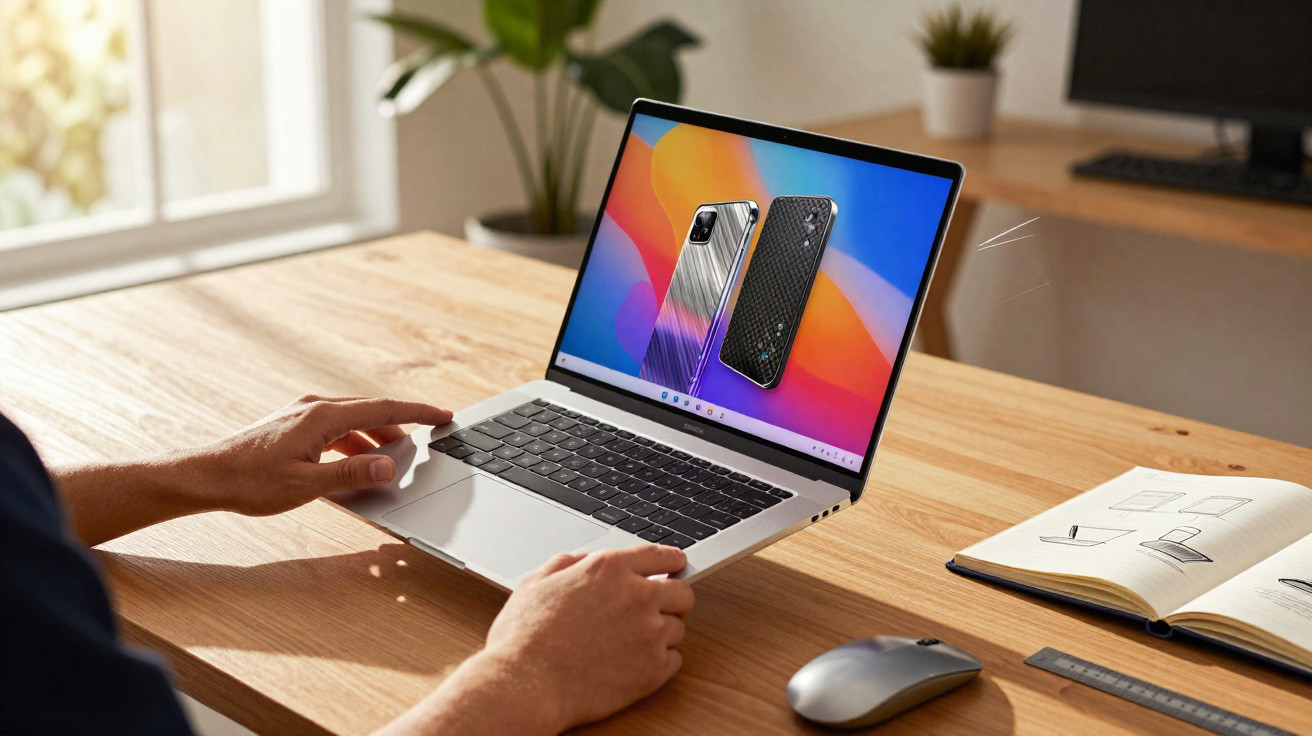 Person benutzt Laptop auf Holztisch mit externer Maus und geöffnetem Notizbuch mit Skizzen.