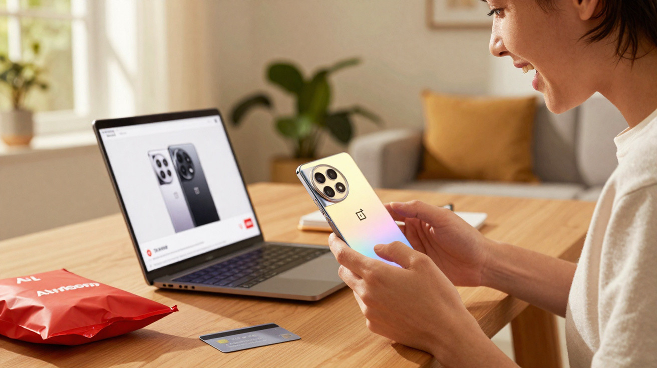 Frau hält ein OnePlus-Smartphone und schaut auf einen Laptop mit Produktbild des Handys auf einem Holztisch.
