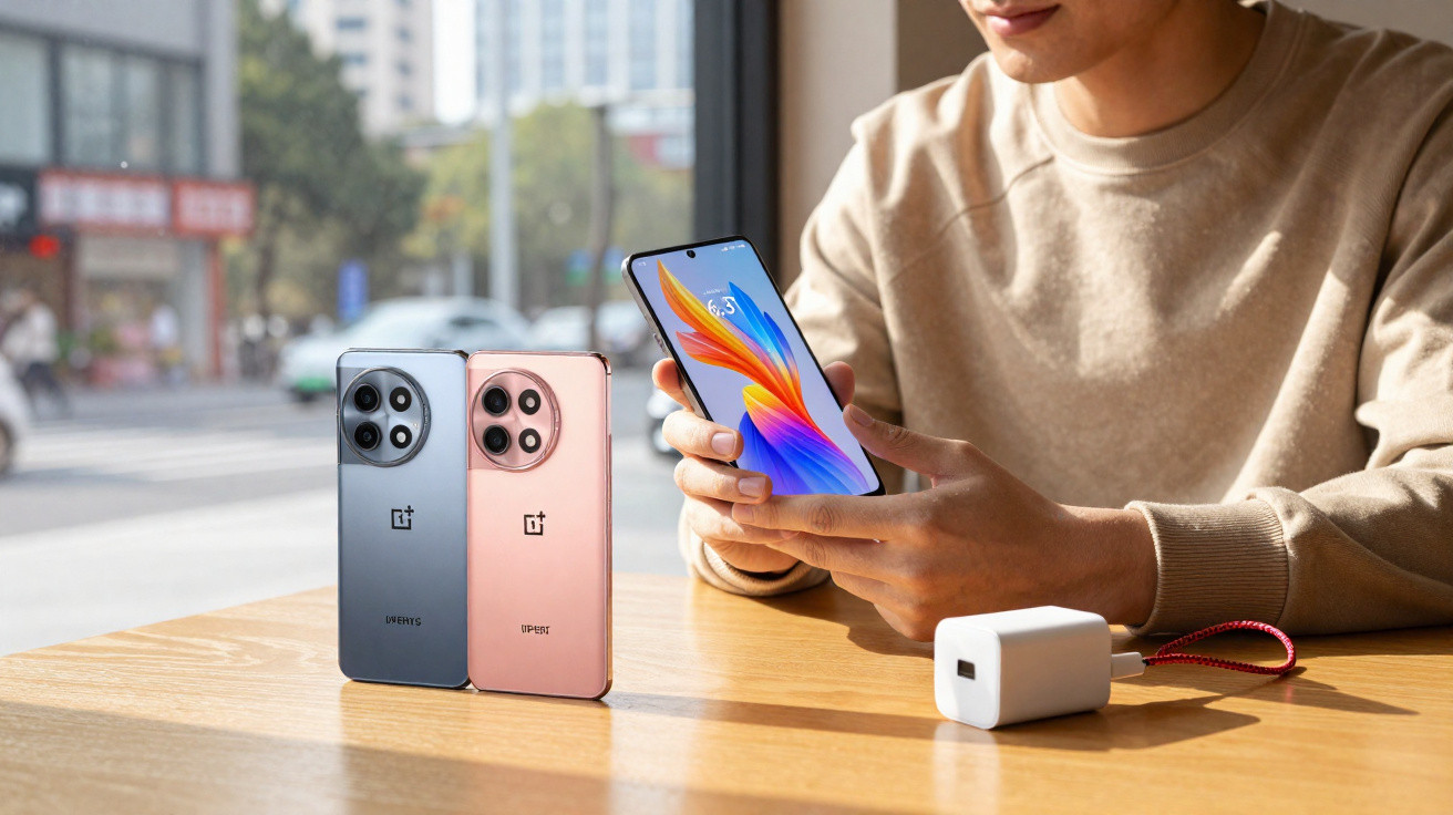 Person hält ein modernes OnePlus Smartphone, zwei weitere Geräte und ein Ladeadapter liegen auf dem Tisch.