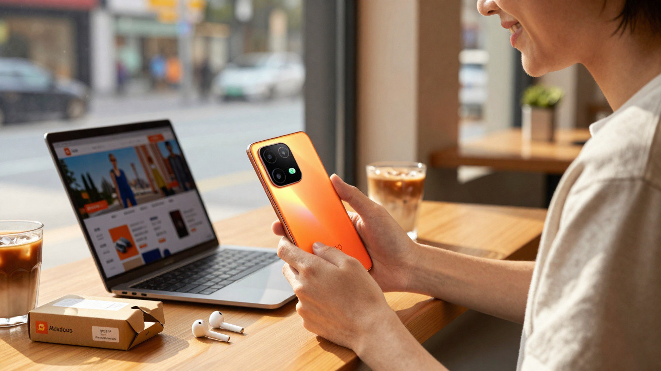 Person hält ein oranges Smartphone in einem Café, Laptop, Getränke und kabellose Ohrhörer auf Holztisch sichtbar.