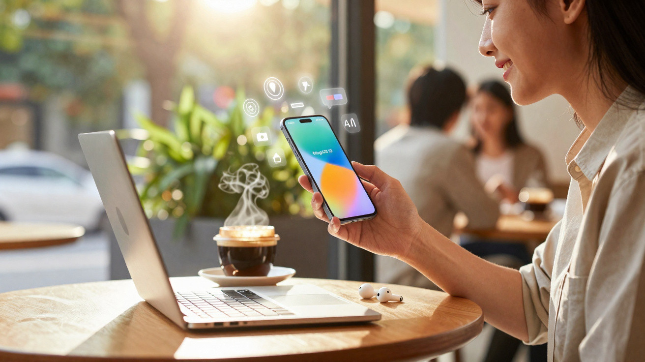 Frau nutzt Smartphone neben Laptop und Kaffee im Café, digitale Symbole schweben über dem Display.