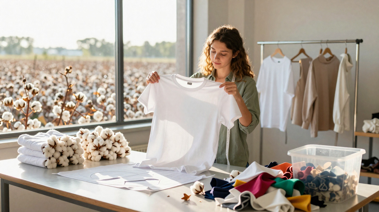 Frau prüft weißes T-Shirt in einer Fabrik mit Baumwollfeld im Hintergrund und Stoffmustern auf dem Tisch.