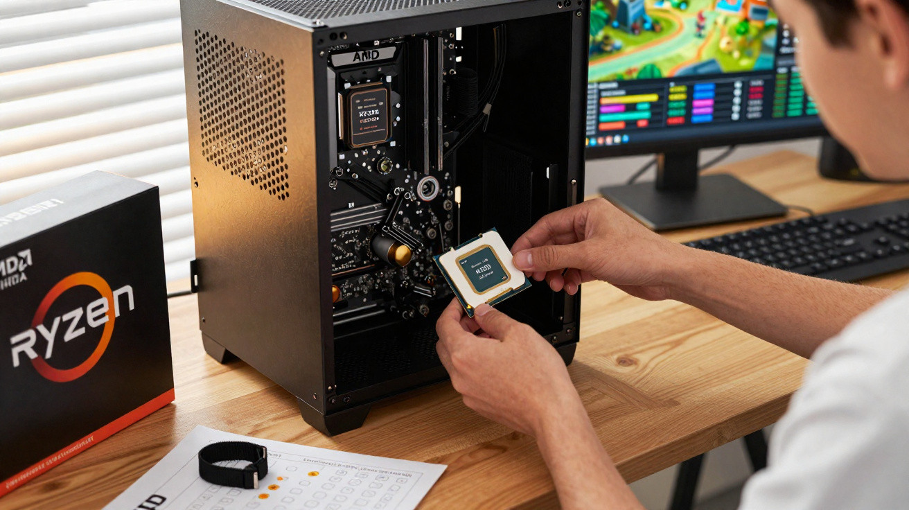 Person installiert AMD Ryzen Prozessor in PC-Gehäuse auf Schreibtisch mit Monitor und Zubehör im Hintergrund.
