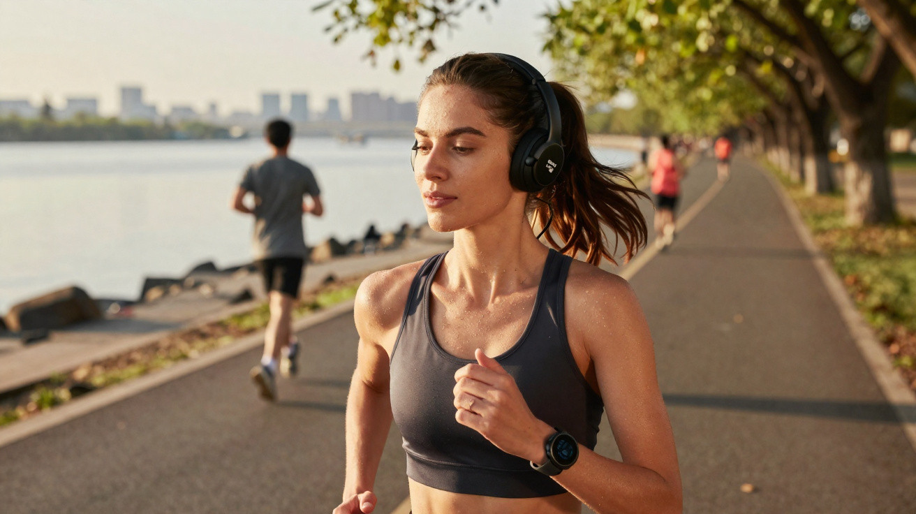 Frau joggt mit Kopfhörern und Smartwatch am Flussufer auf einem Baum gesäumten Weg bei Sonnenschein.