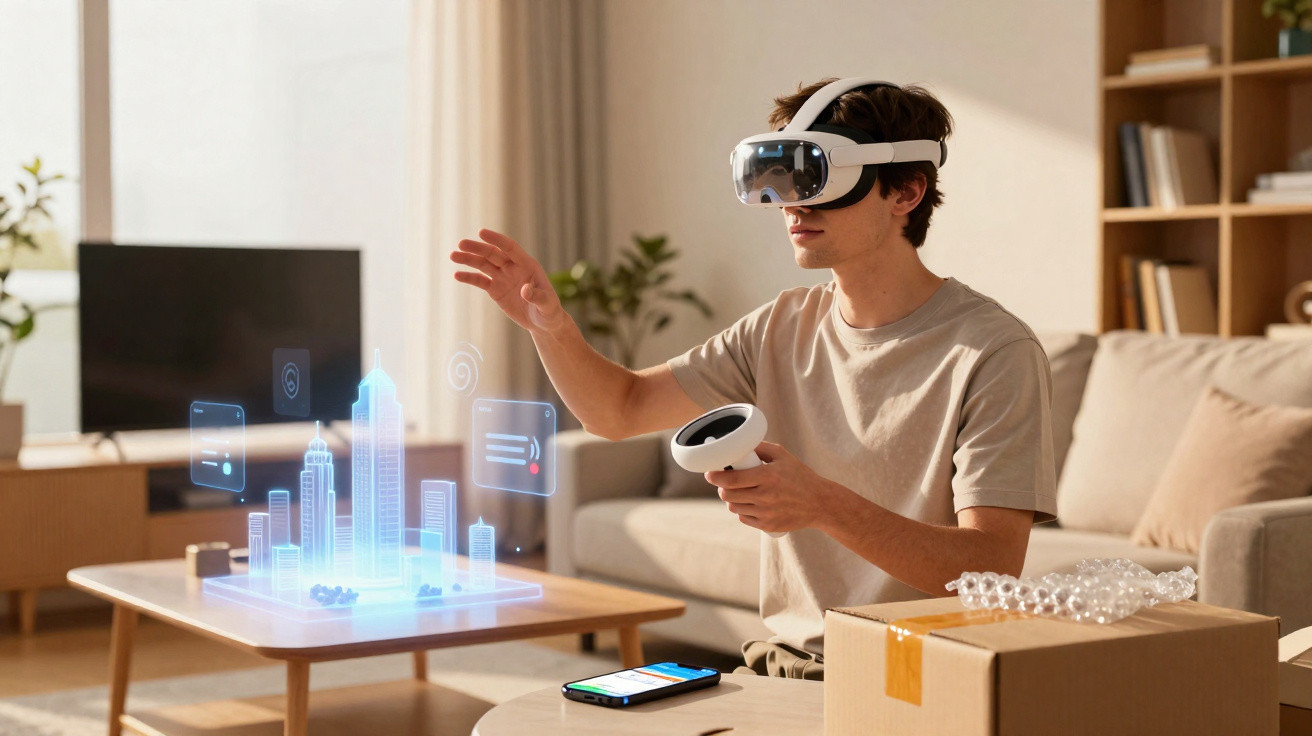 Junger Mann nutzt VR-Brille und Controller, um interaktive 3D-Stadtprojektion im Wohnzimmer zu steuern.