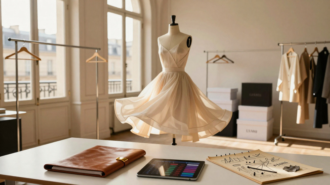 Leichter, fließender Sommerkleid-Entwurf auf Schneiderpuppe in hellem Atelier mit Mode-Skizzen und Tablet.