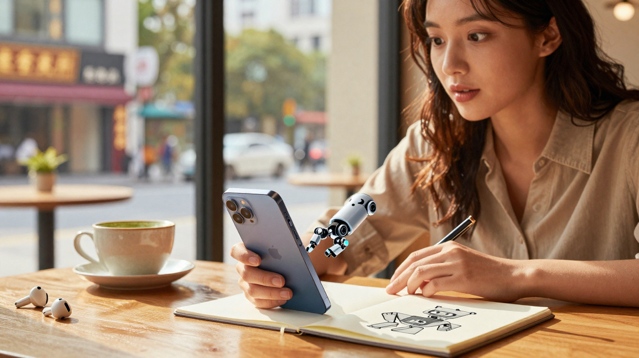 Frau sitzt im Café, zeichnet Roboter im Notizbuch und hält Smartphone mit 3D-Roboter-Animation in der Hand.