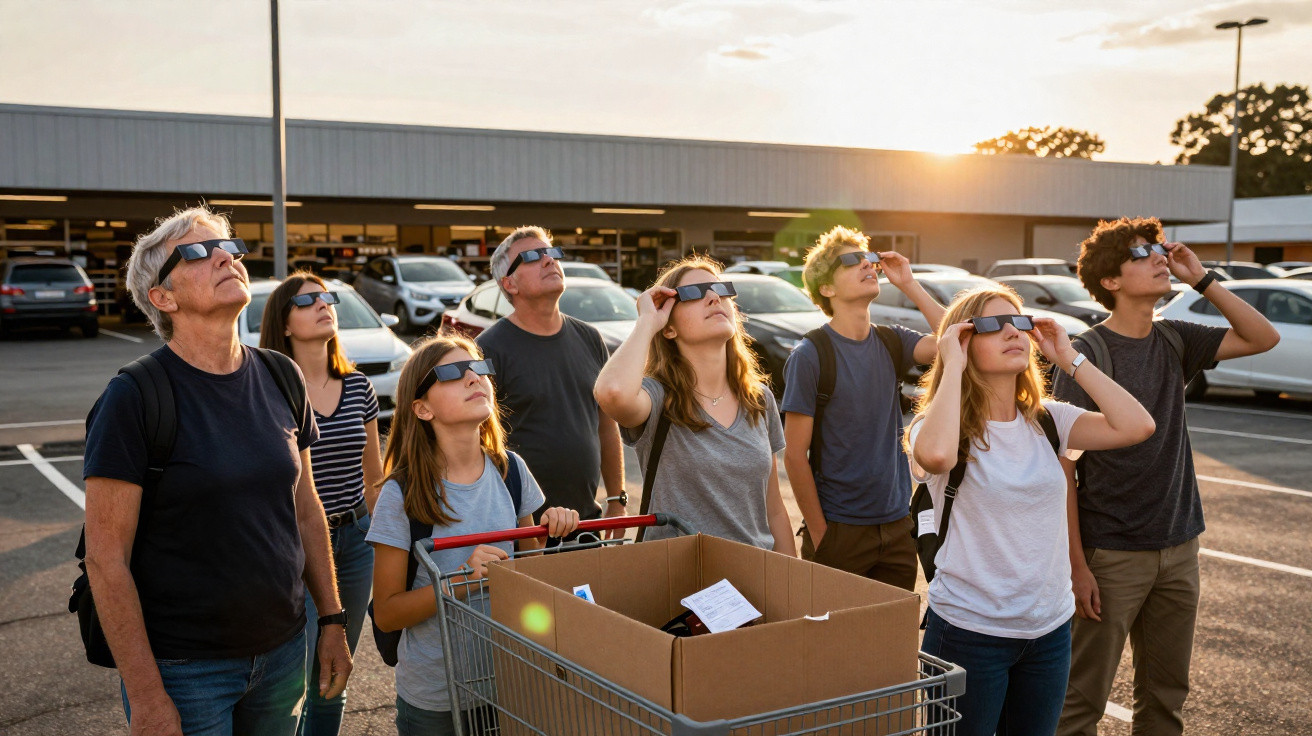Gruppe von Menschen auf Parktplatz mit Schutzbrillen blickt in den Himmel während einer Sonnenfinsternis.