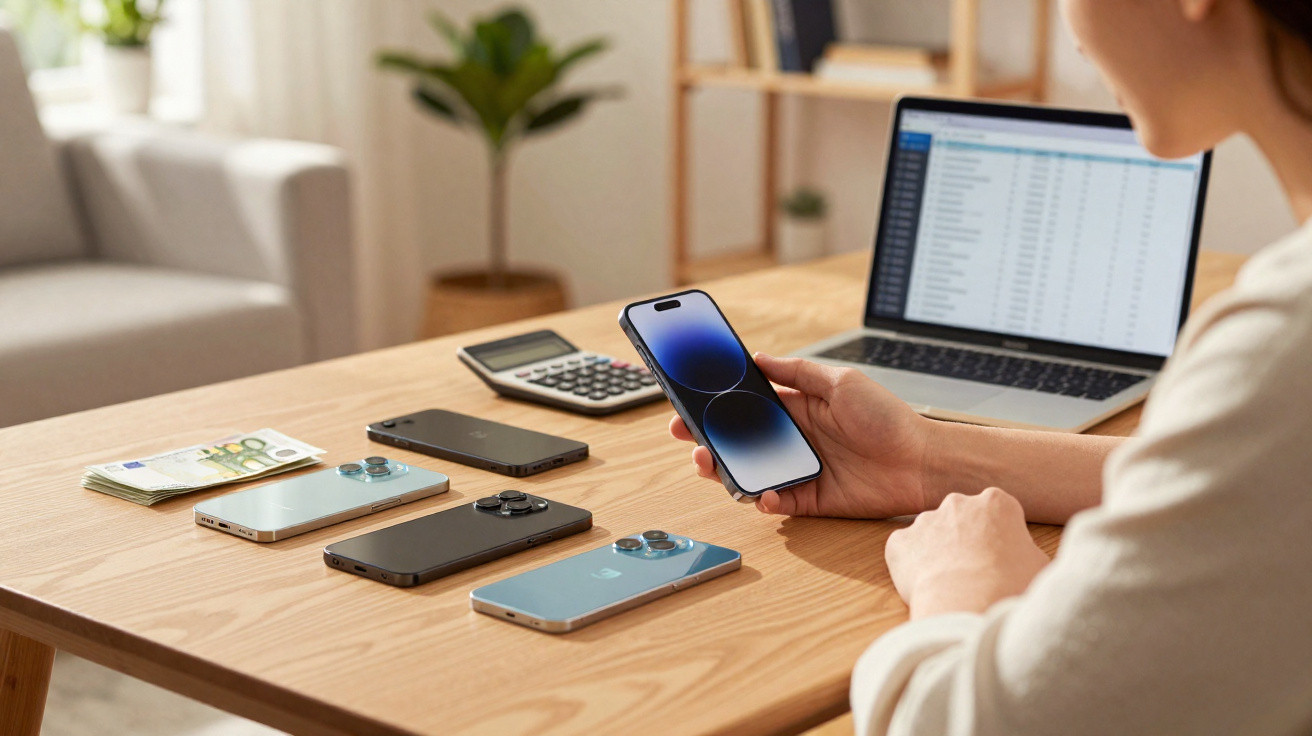 Person hält Smartphone, mehrere Smartphones, Geld, Taschenrechner und Laptop auf Holztisch im Arbeitszimmer.