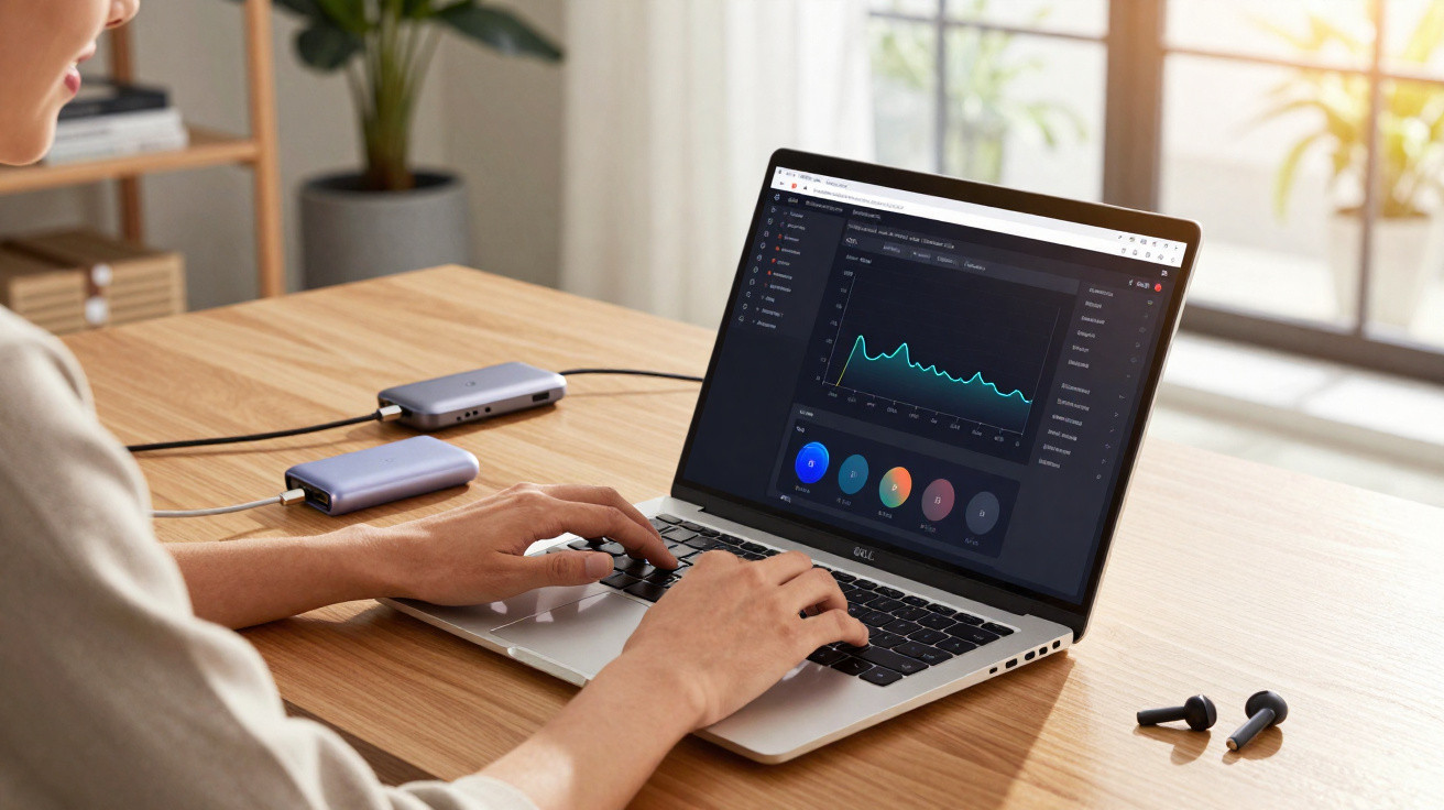 Person arbeitet am Laptop mit Datenanalyse-Dashboard, kabelgebundene Geräte und kabellose Ohrhörer auf Holztisch.