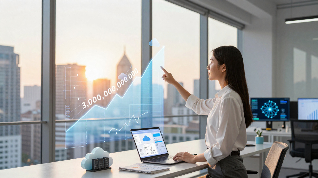 Frau im Büro zeigt auf aufsteigende digitale Grafik mit Wachstumszahlen vor Fenster mit Stadtblick.