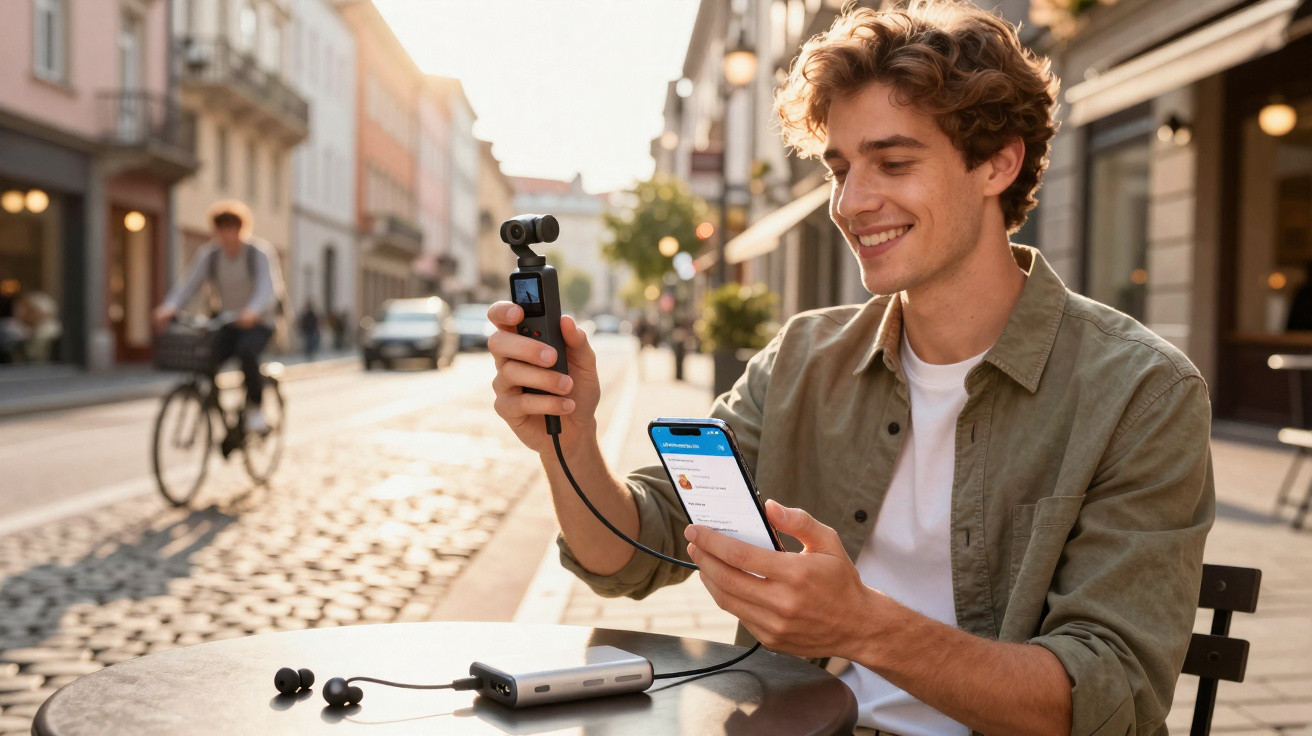 Junger Mann mit Kamera und Smartphone sitzt an Straßentisch und lächelt bei sonnigem Wetter.