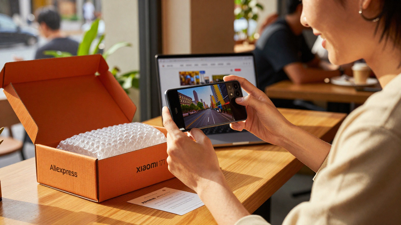 Person hält Smartphone vor geöffneter Xiaomi-Verpackung mit Luftpolsterfolie auf Holztisch im Café