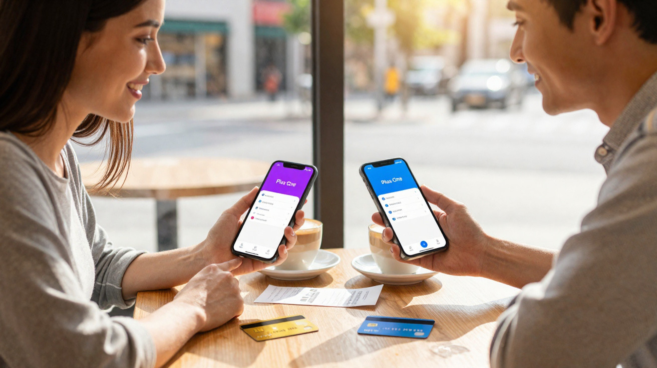 Zwei Personen sitzen im Café und vergleichen Chat-Apps auf ihren Smartphones mit Kreditkarten auf dem Tisch.