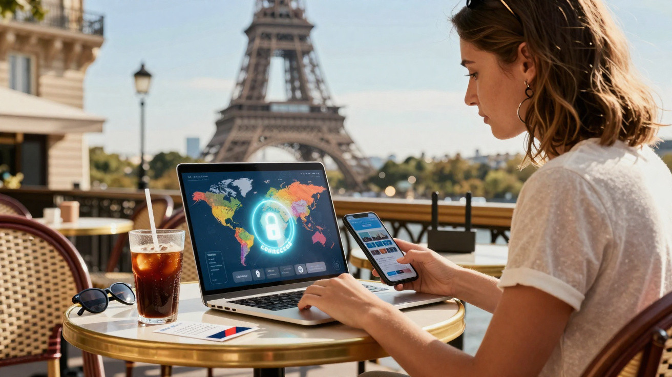 Frau nutzt Laptop mit Weltkarte und Smartphone im Café, Eiffelturm im Hintergrund bei sonnigem Wetter.