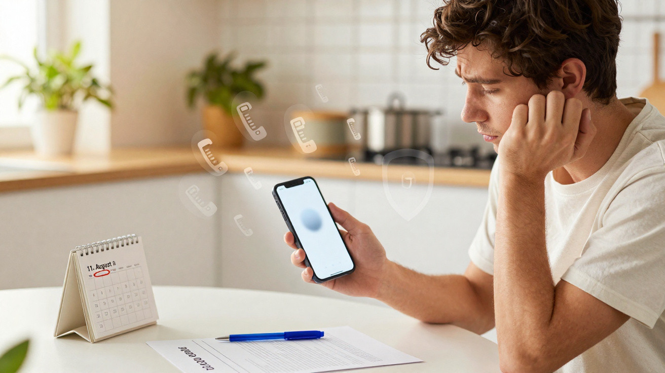 Junger Mann schaut besorgt auf sein Smartphone, Kalender zeigt 11. August, Tisch mit Dokumenten und Stift.