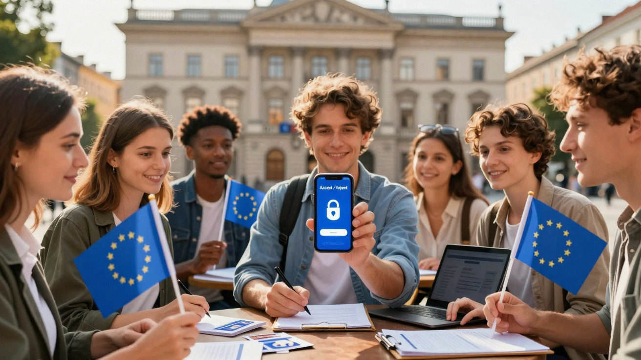 Gruppe junger Menschen sitzt draußen, hält EU-Flaggen und zeigt auf Smartphone mit Datenschutzanzeige.