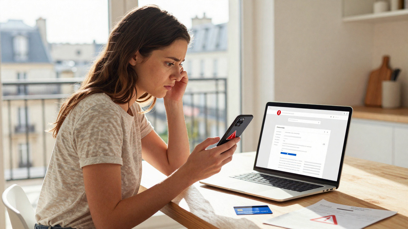Junge Frau sitzt am Tisch, schaut besorgt auf ihr Handy mit Warnmeldung, Laptop und Kreditkarte liegen davor.