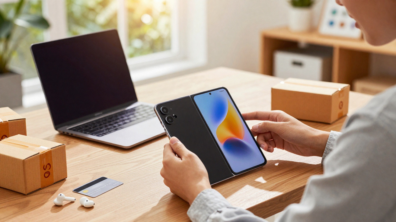 Person hält ein aufgeklapptes Smartphone vor einem Laptop auf einem Holztisch mit Verpackungen und AirPods.