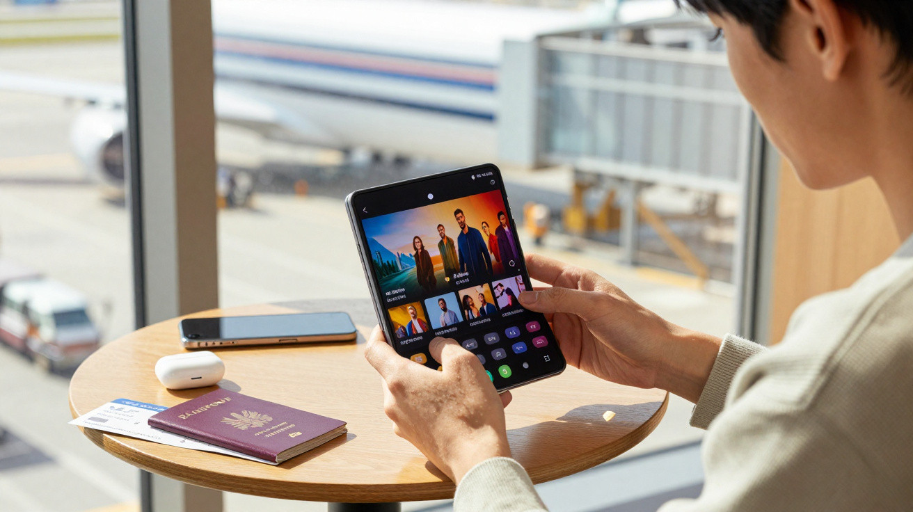 Person hält aufgeklapptes faltbares Smartphone am Airport, auf dem Tisch Reisepass, Boardingpass und Kopfhörer.