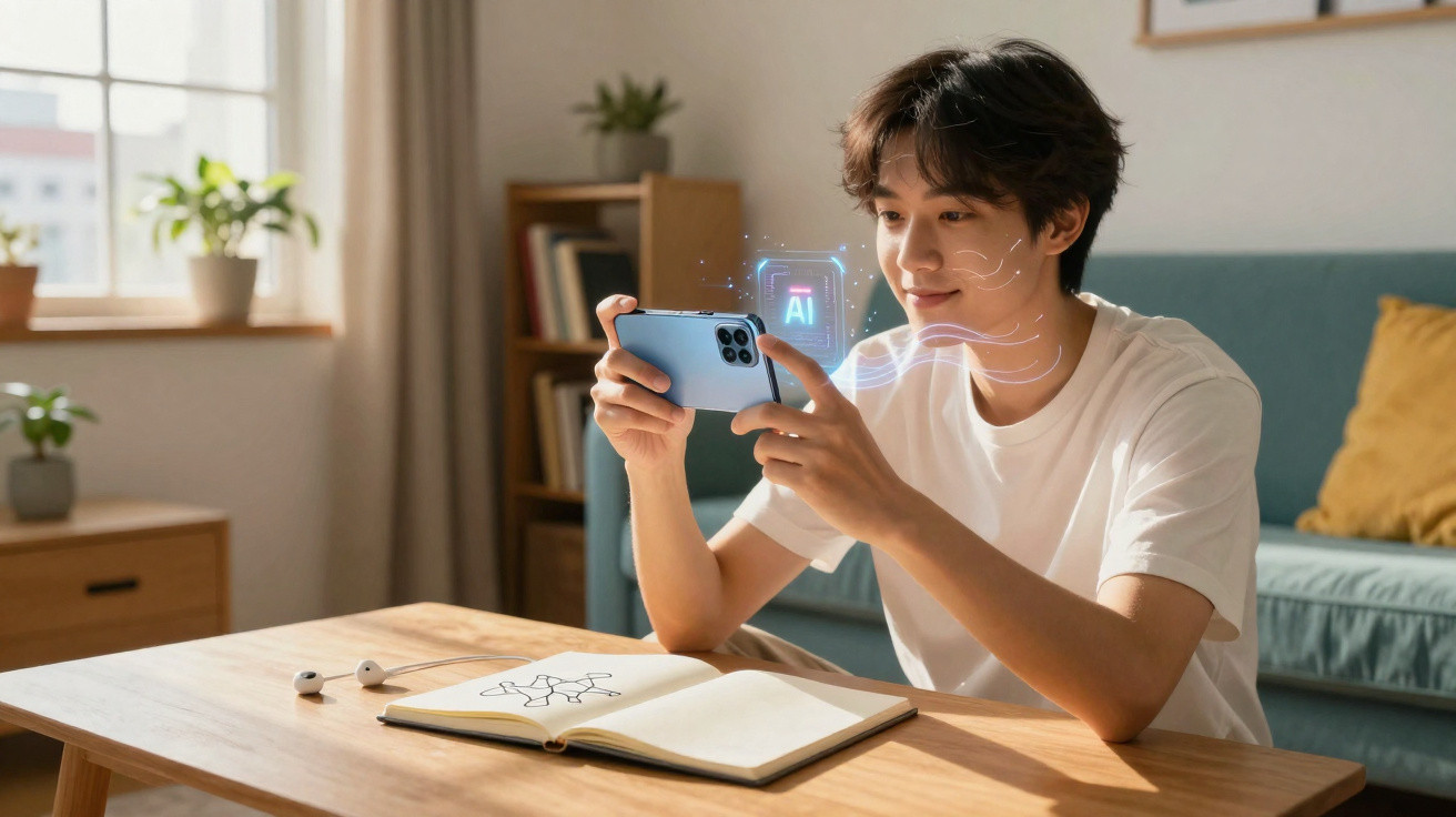 Junger Mann nutzt Smartphone mit KI-Animation, sitzt an Tisch mit aufgeschlagenem Notizbuch und Kopfhörern.