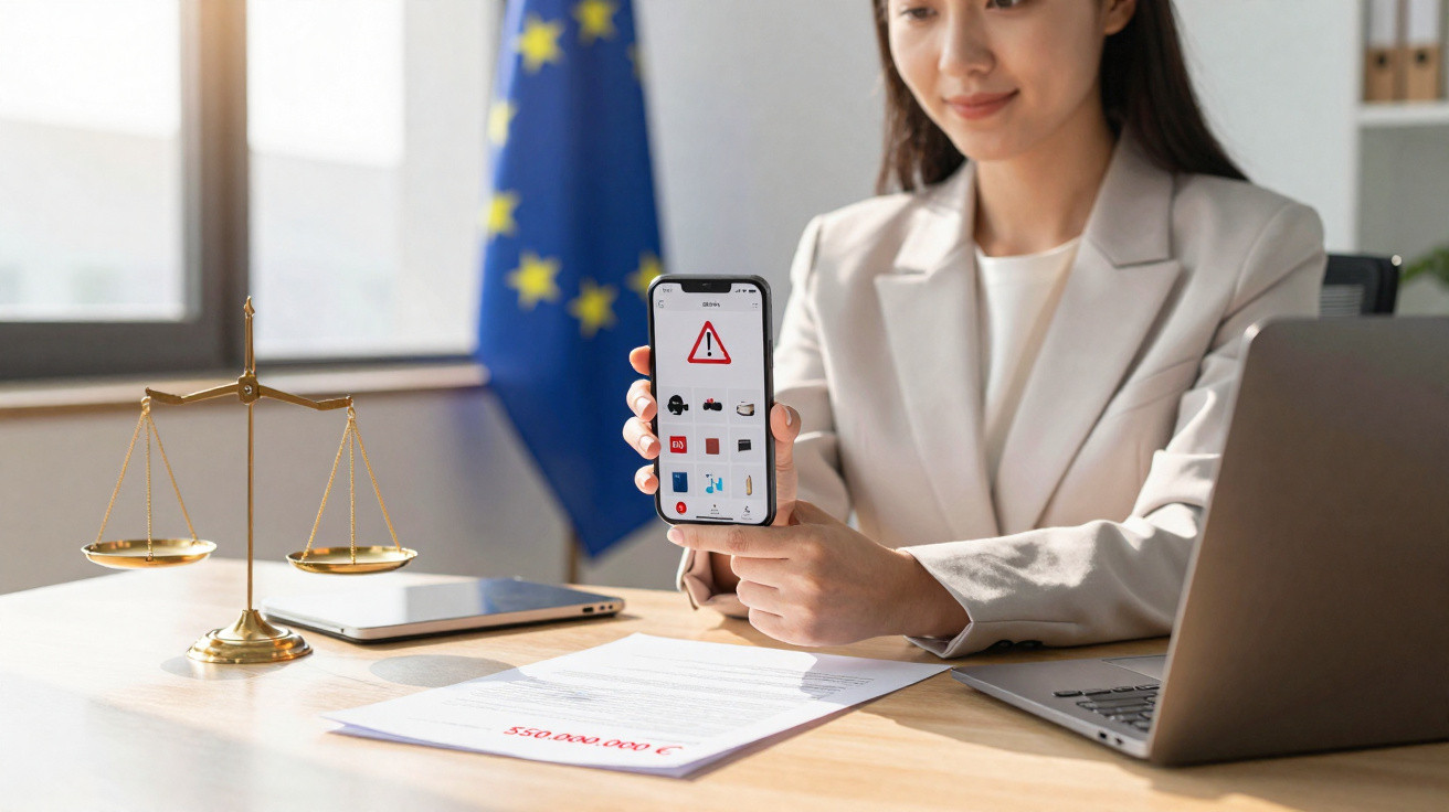 Frau zeigt Smartphone mit Warnhinweis, Schreibtisch mit Waage, EU-Flagge und Laptop im Büro.
