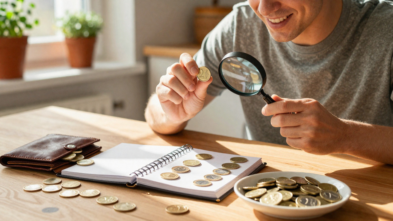Mann untersucht mit Lupe Euro-Münzen auf einem Tisch mit Notizbuch, Geldbörse und Schale voller Münzen.