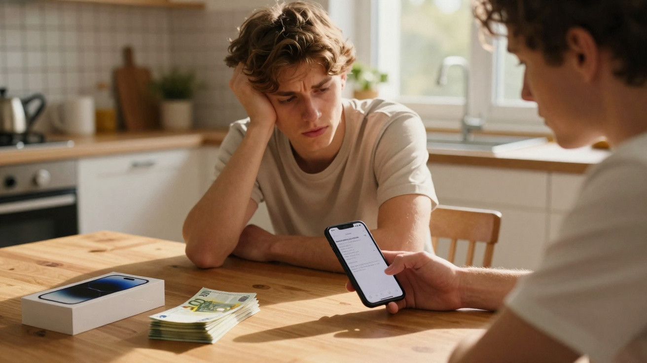 Zwei junge Männer am Tisch, einer schaut besorgt, der andere zeigt etwas auf dem Smartphone, daneben Geld und ein Handy-Karto