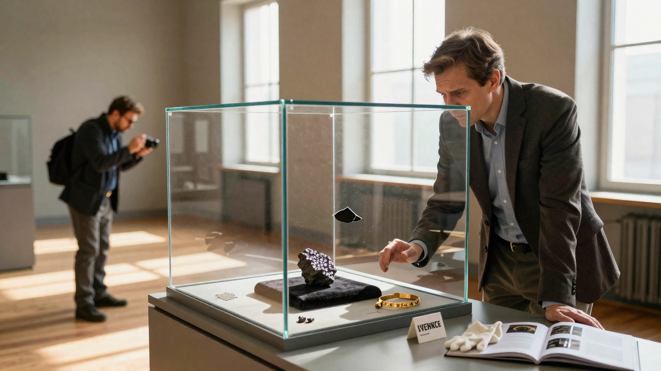 Mann betrachtet Ausstellungsobjekt hinter Glasvitrine in Museum, im Hintergrund Fotograf mit Kamera.