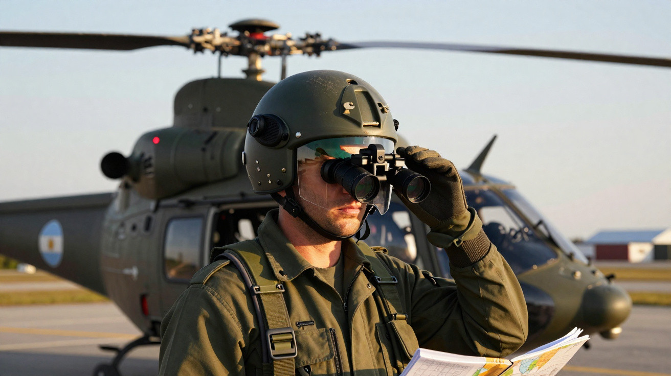 Soldat mit Helm und Nachtsichtgerät vor Militärhubschrauber auf Flugfeld bei Sonnenuntergang.