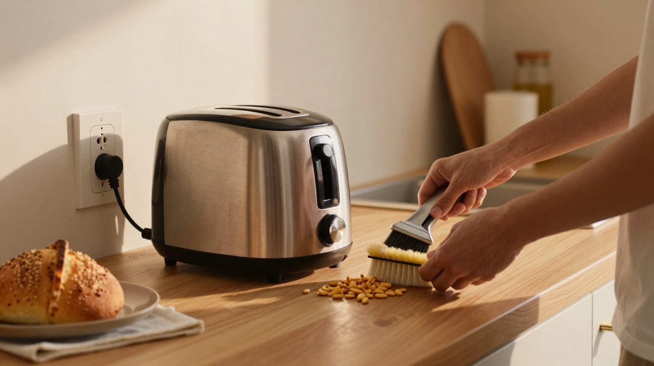 Person kehrt Krümel neben einem Edelstahl-Toaster auf einer Küchenarbeitsplatte zusammen.