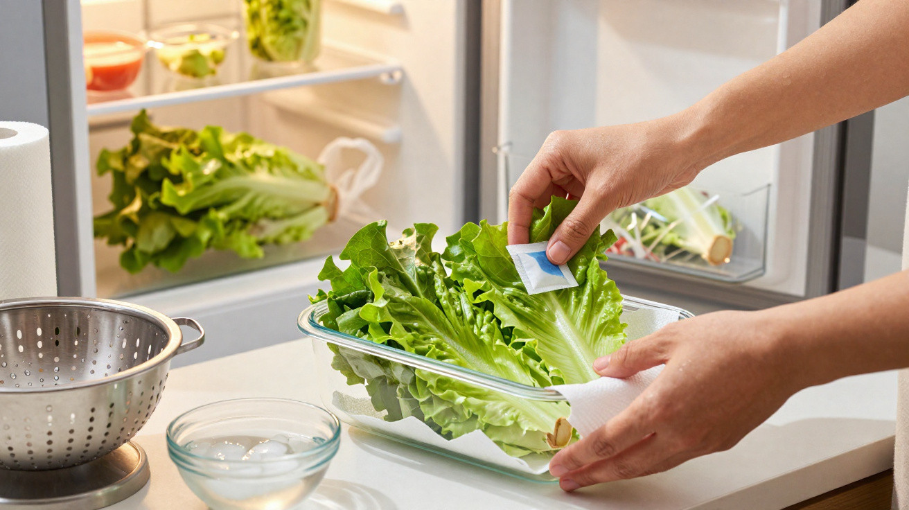 Person legt Trockentuch in Salatschüssel mit grünem Salat vor offenem Kühlschrank auf Küchentheke.