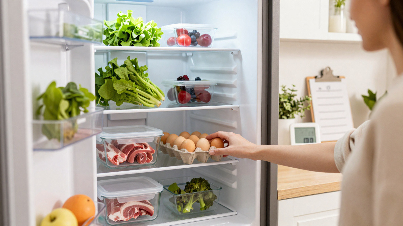 Geöffneter Kühlschrank mit frischem Gemüse, Eiern und verpacktem Fleisch, Hand nimmt Eierschachtel.