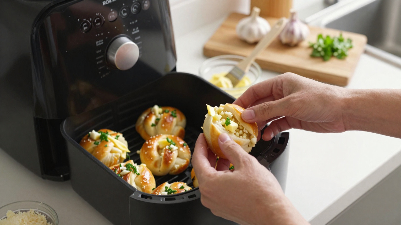 Frische gefüllte Hefebrötchen werden aus einer schwarzen Heißluftfritteuse genommen, Knoblauch und Kräuter im Hintergrund.