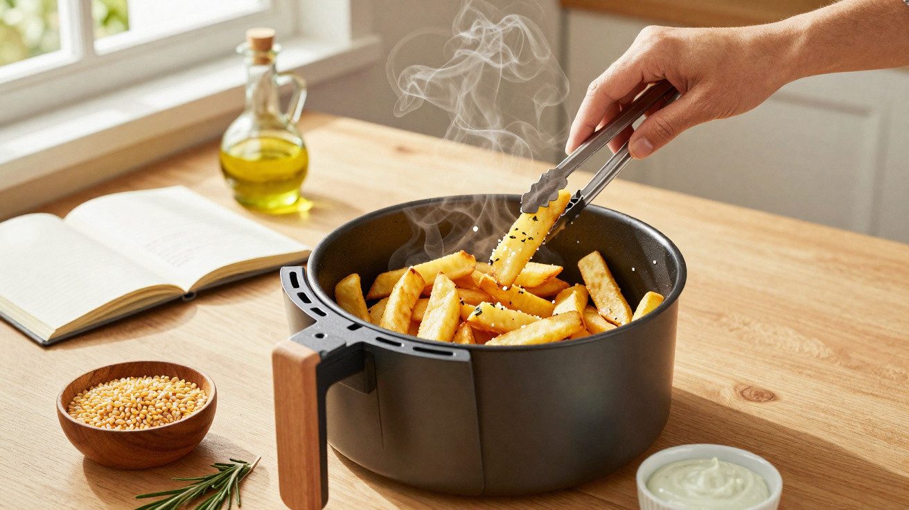 Hand nimmt frisch frittierte Pommes mit Zange aus Fritteuse auf Holztisch mit Gewürzen und Dip.