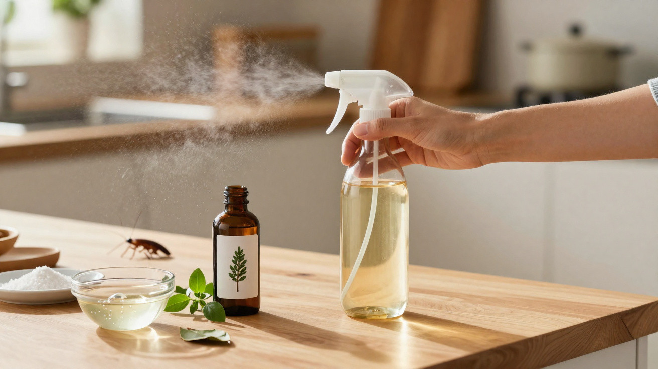 Hand sprüht natürliches Spray auf Kakerlake auf Holztisch mit ätherischem Öl und Zutaten zur Schädlingsbekämpfung.