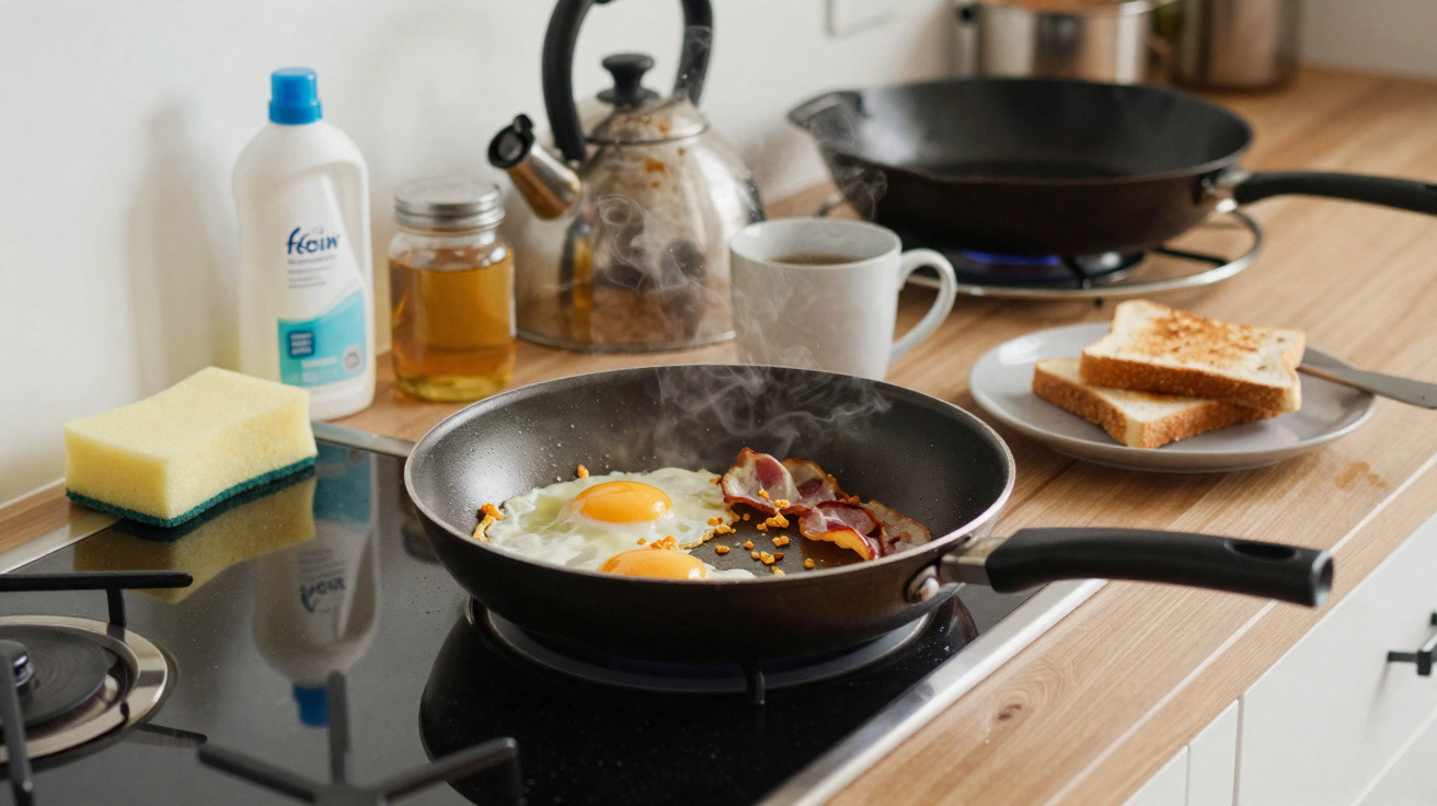 Bratpfanne auf Herd mit Spiegeleiern und gebratenem Speck, im Hintergrund Frühstückstoast und Teekanne auf Küchentheke.